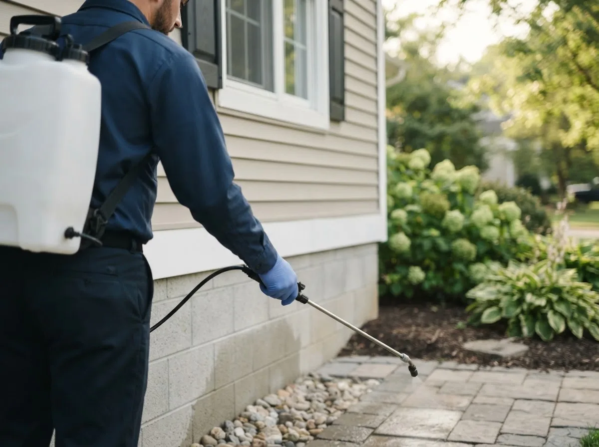 Pest control technician inspecting a home in Oscoda, MI